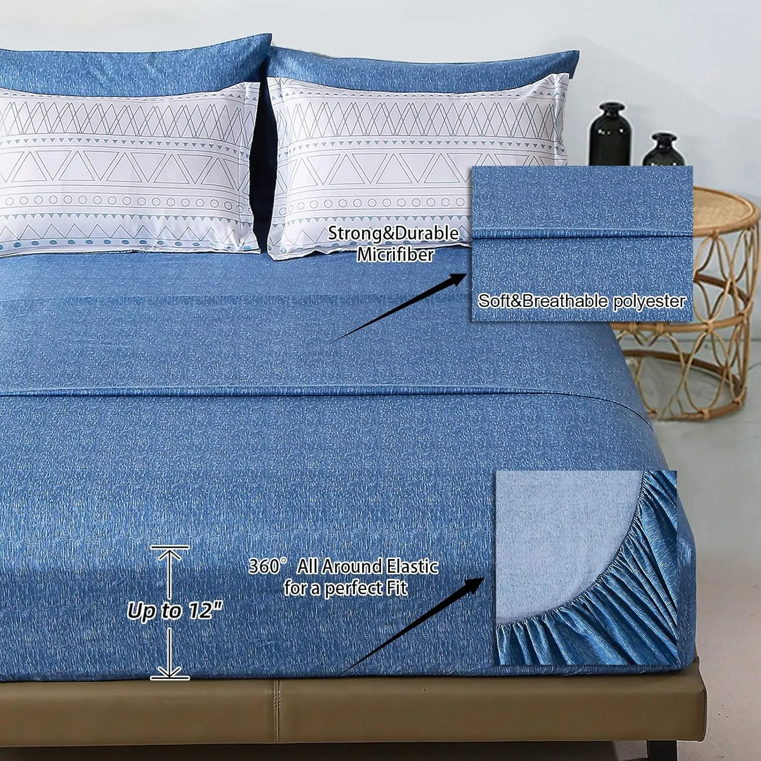 Blue Boho Bed in a Bag King,7 Pieces Navy Comforter Set Queen Geometric Comforter Bedding Set Reversible Soft Microfiber King Size(1 Comforter,2 Pillowcases,1 Flat Sheet,1 Fitted Sheet,2 Pillow Shams)