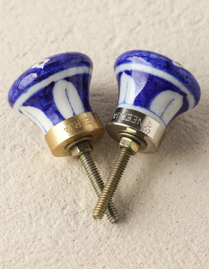 Blue Ceramic Blue Pottery Dresser Cabinet Knob With Multicolor Print