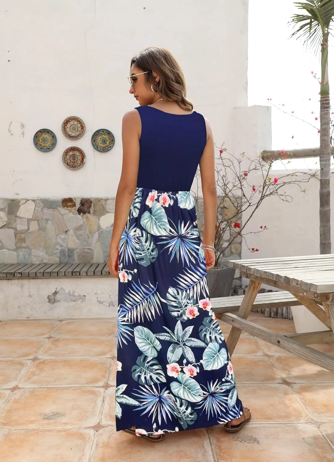 Bluetime Women's Summer Boho Sleeveless Floral Print Tank Long Maxi Dress (S-3XL)