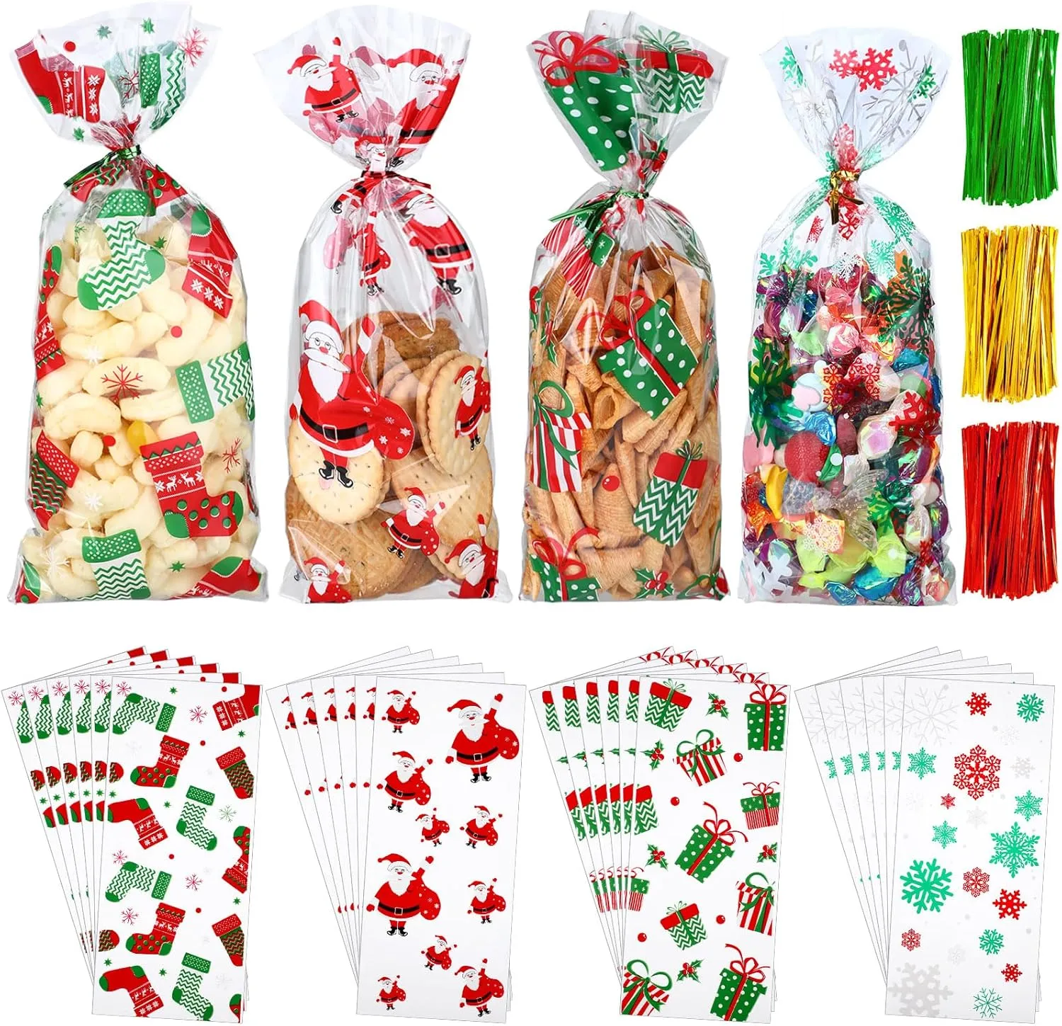 Boao 200 Pieces Christmas Cellophane Bags Christmas Cello Treat Candy Cookies Goodie Bags with 300 Pieces Twist Ties for Theme Party Supplies, 4 Styles