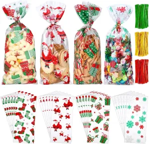Boao 200 Pieces Christmas Cellophane Bags Christmas Cello Treat Candy Cookies Goodie Bags with 300 Pieces Twist Ties for Theme Party Supplies, 4 Styles