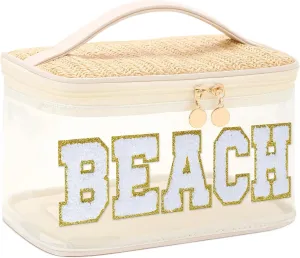 Boho BEACH Makeup Bag,Large Clear Travel Cosmetic Bag Toiletry Bag,Women Clear Bag for Summer,Portable Waterproof Makeup Train Case,Letter Beach Pouch for Beach Sunscreen bags (Large)