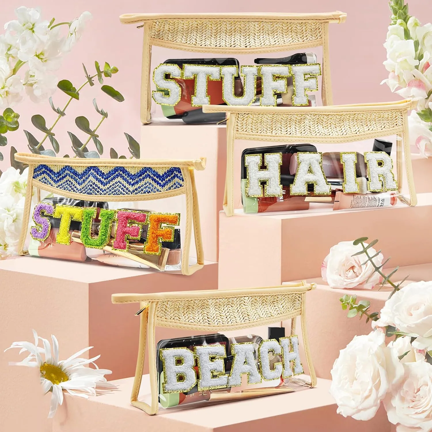 Boho Hand-woven Makeup Bag, Chenille Letter Patch Clear Travel Pouch, Rattan Straw Bag Clear Cosmetic Sunscreen Bags, Women Summer Retro Travel Beach Bag Beach Essentials (Boho_Beige-Beach)