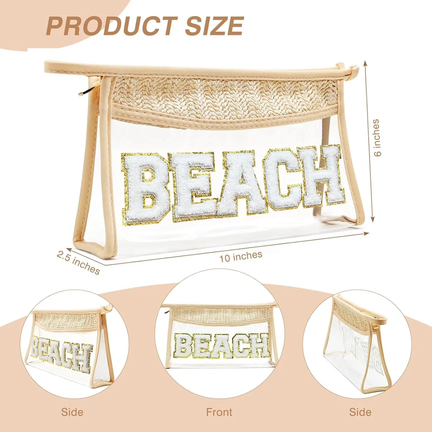 Boho Hand-woven Makeup Bag, Chenille Letter Patch Clear Travel Pouch, Rattan Straw Bag Clear Cosmetic Sunscreen Bags, Women Summer Retro Travel Beach Bag Beach Essentials (Boho_Beige-Beach)