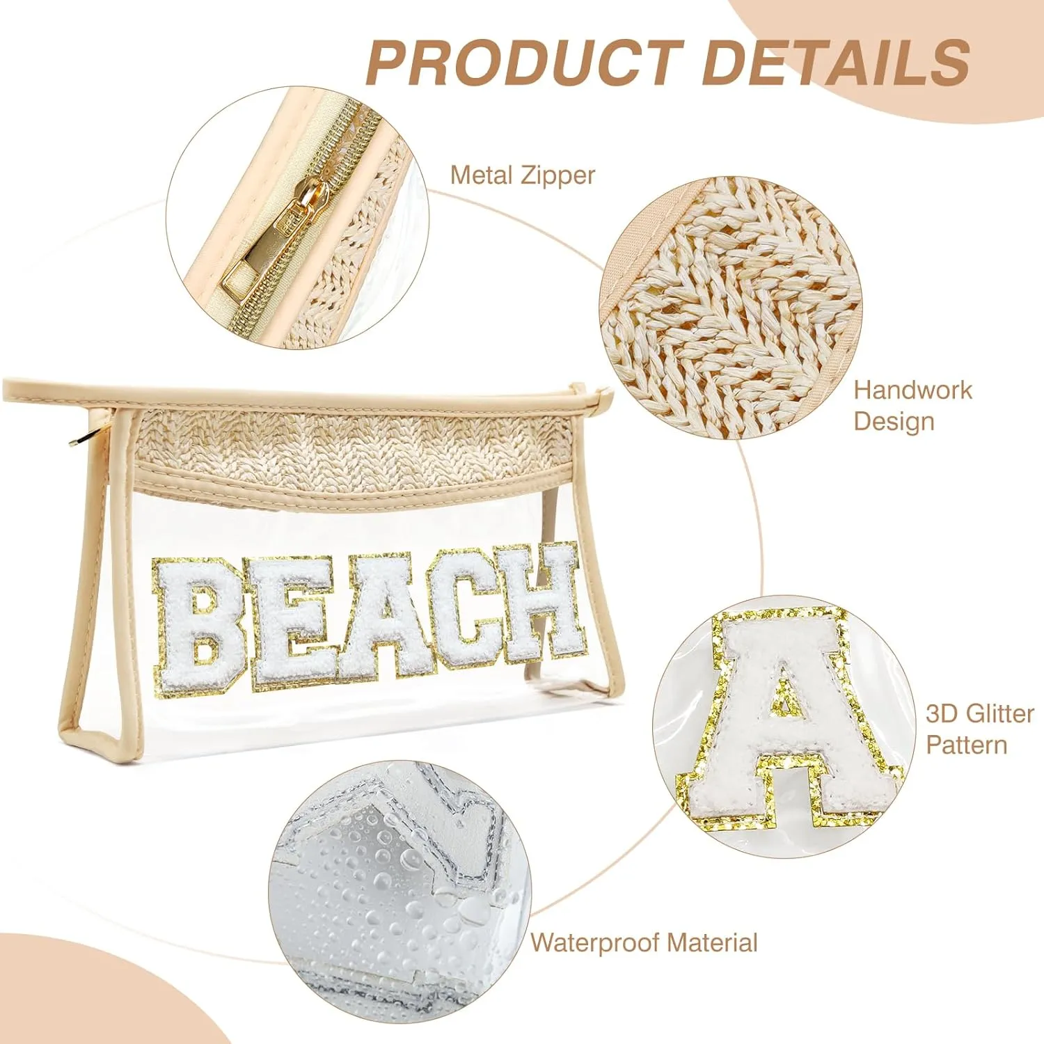 Boho Hand-woven Makeup Bag, Chenille Letter Patch Clear Travel Pouch, Rattan Straw Bag Clear Cosmetic Sunscreen Bags, Women Summer Retro Travel Beach Bag Beach Essentials (Boho_Beige-Beach)