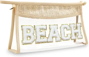 Boho Hand-woven Makeup Bag, Chenille Letter Patch Clear Travel Pouch, Rattan Straw Bag Clear Cosmetic Sunscreen Bags, Women Summer Retro Travel Beach Bag Beach Essentials (Boho_Beige-Beach)