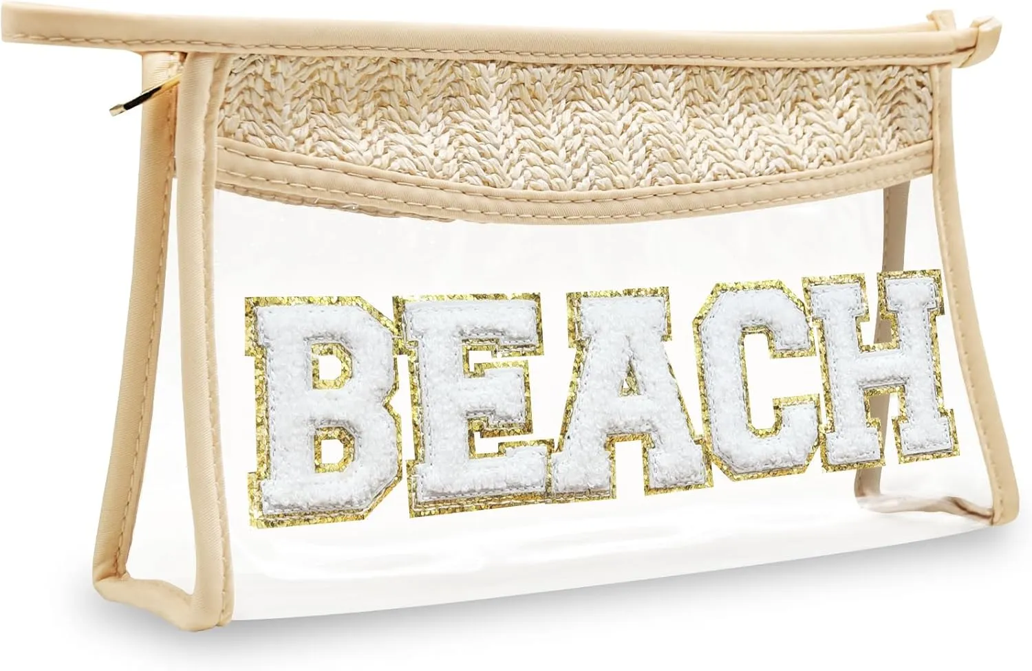 Boho Hand-woven Makeup Bag, Chenille Letter Patch Clear Travel Pouch, Rattan Straw Bag Clear Cosmetic Sunscreen Bags, Women Summer Retro Travel Beach Bag Beach Essentials (Boho_Beige-Beach)