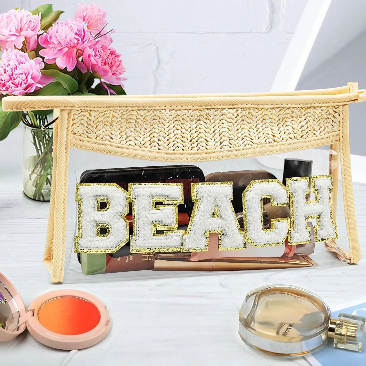 Boho Hand-woven Makeup Bag, Chenille Letter Patch Clear Travel Pouch, Rattan Straw Bag Clear Cosmetic Sunscreen Bags, Women Summer Retro Travel Beach Bag Beach Essentials (Boho_Beige-Beach)