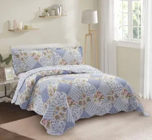 Brilliant Sunshine Blue Rose Patchwork, 3-Piece Quilt Set with 2 Shams, Reversible Bedspread, Soft Lightweight Coverlet, All-Season, King, Blue Rose