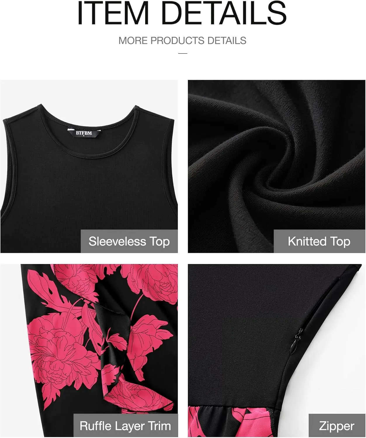 BTFBM Women Casual Sleeveless Summer Dresses 2025 Spring Crewneck Patchwork Boho Floral Ruffle Cocktail Party Midi Dress