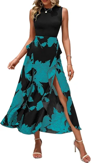 BTFBM Women Casual Sleeveless Summer Dresses 2025 Spring Crewneck Patchwork Boho Floral Ruffle Cocktail Party Midi Dress