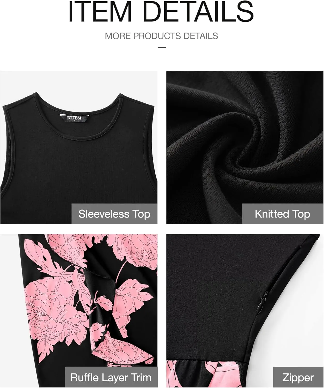 BTFBM Women Casual Sleeveless Summer Dresses 2025 Spring Crewneck Patchwork Boho Floral Ruffle Cocktail Party Midi Dress