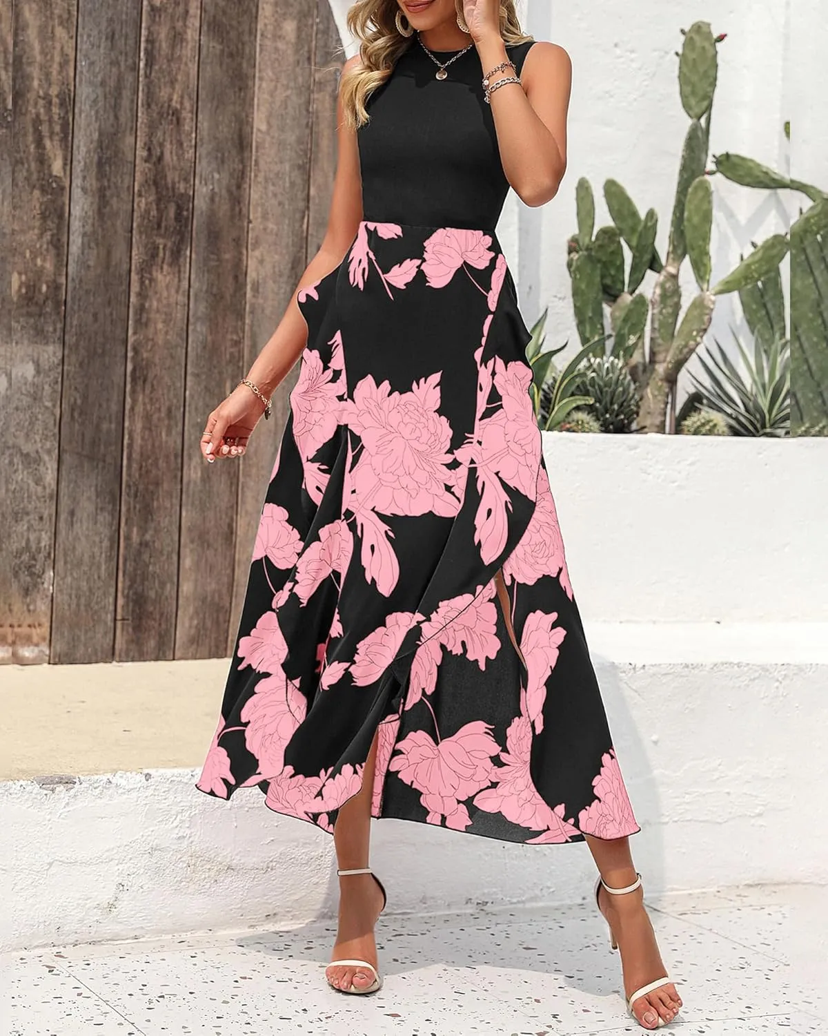 BTFBM Women Casual Sleeveless Summer Dresses 2025 Spring Crewneck Patchwork Boho Floral Ruffle Cocktail Party Midi Dress