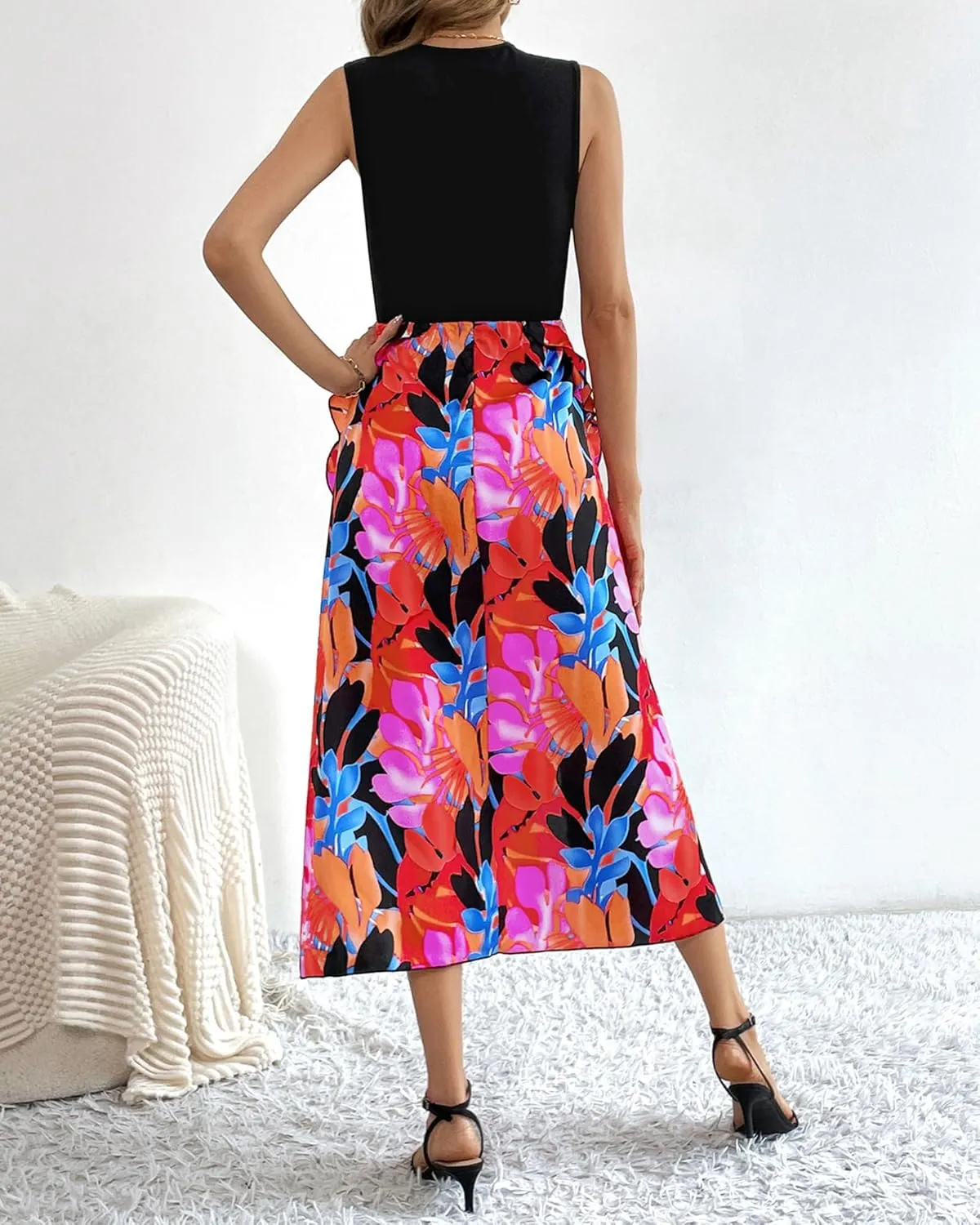 BTFBM Women Casual Sleeveless Summer Dresses 2025 Spring Crewneck Patchwork Boho Floral Ruffle Cocktail Party Midi Dress