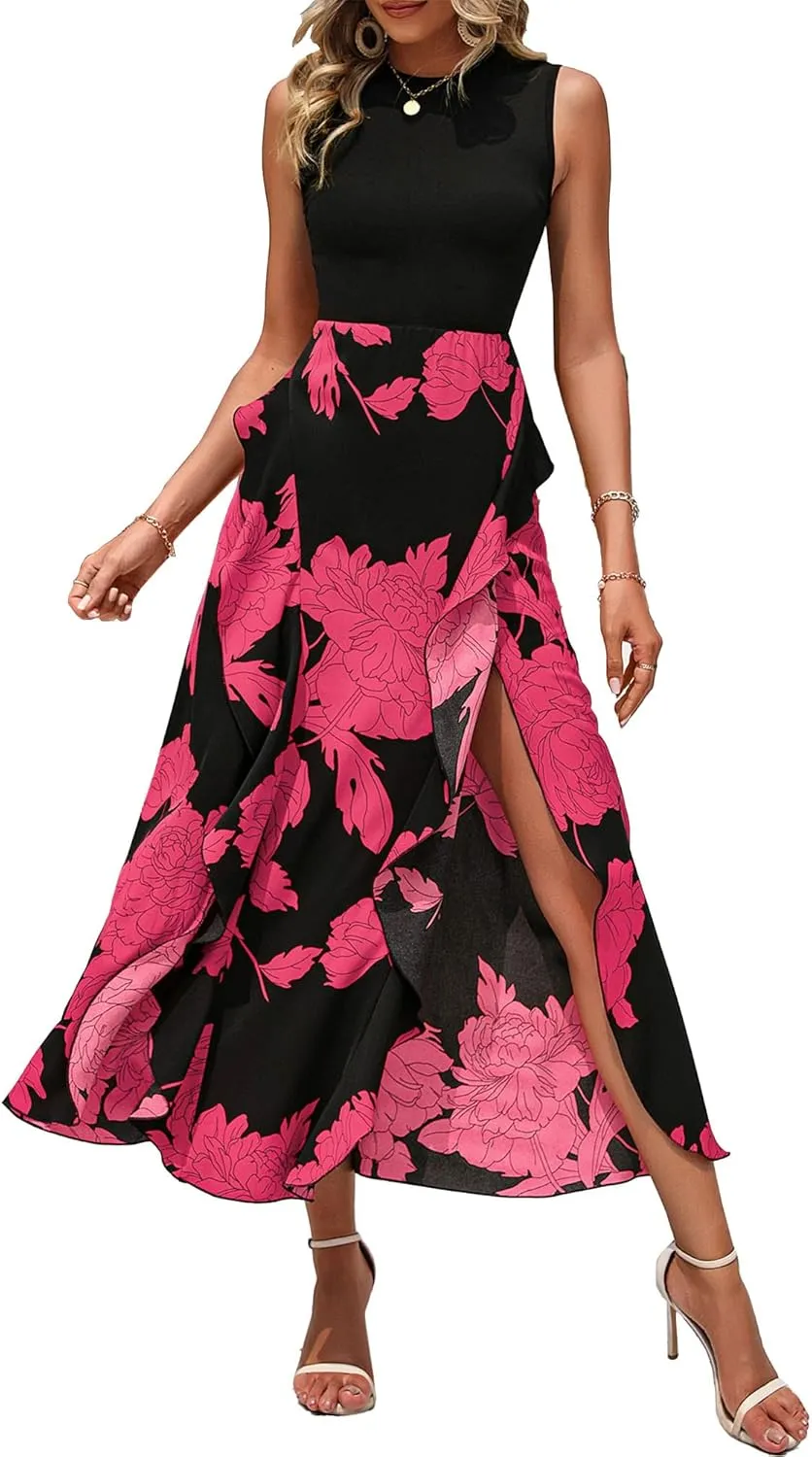 BTFBM Women Casual Sleeveless Summer Dresses 2025 Spring Crewneck Patchwork Boho Floral Ruffle Cocktail Party Midi Dress