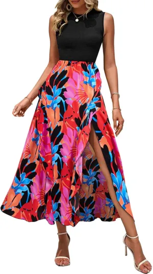 BTFBM Women Casual Sleeveless Summer Dresses 2025 Spring Crewneck Patchwork Boho Floral Ruffle Cocktail Party Midi Dress