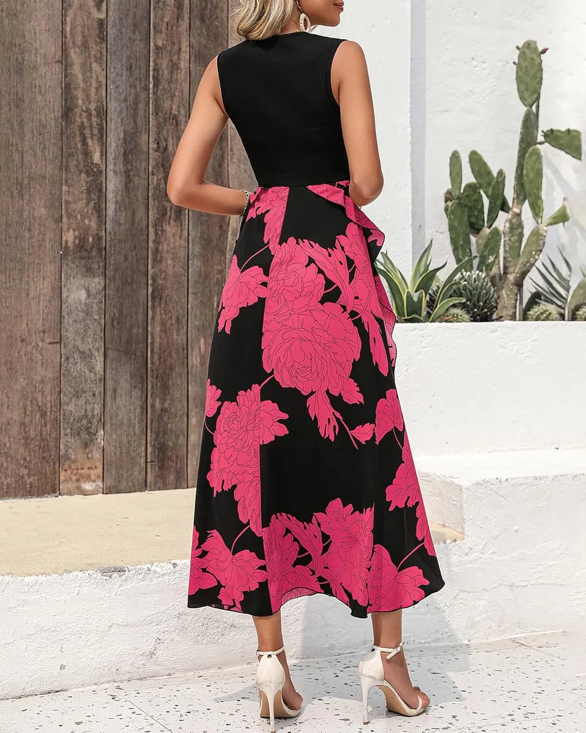 BTFBM Women Casual Sleeveless Summer Dresses 2025 Spring Crewneck Patchwork Boho Floral Ruffle Cocktail Party Midi Dress