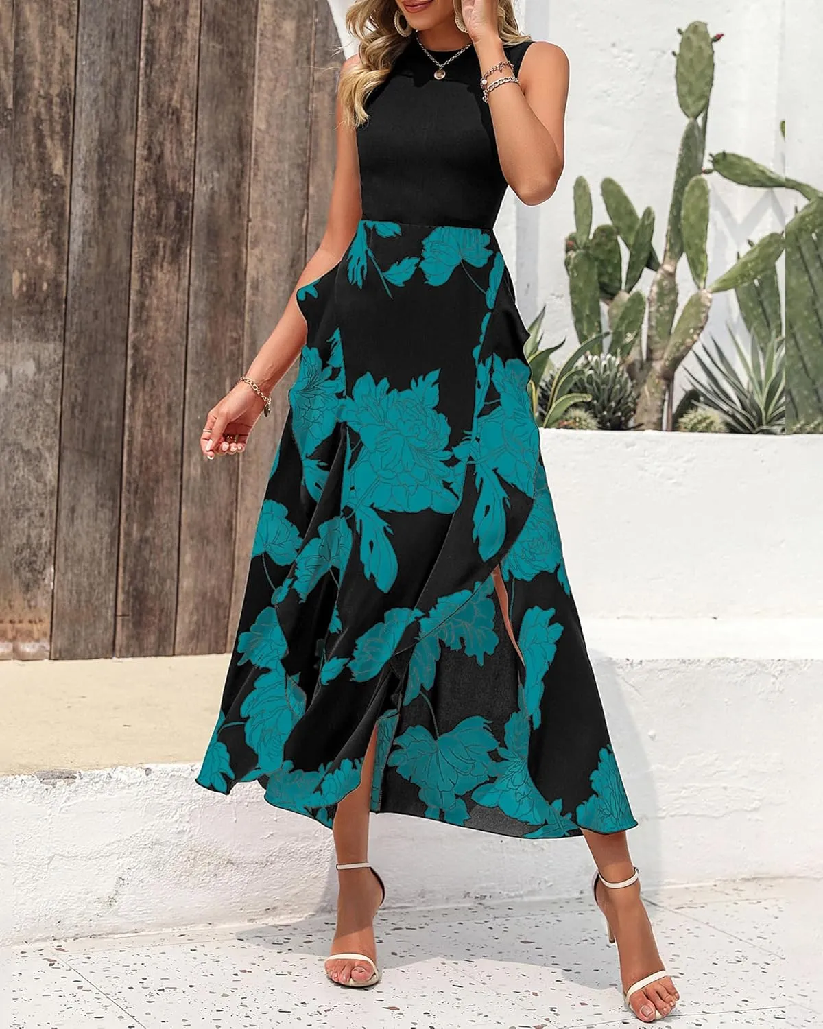 BTFBM Women Casual Sleeveless Summer Dresses 2025 Spring Crewneck Patchwork Boho Floral Ruffle Cocktail Party Midi Dress