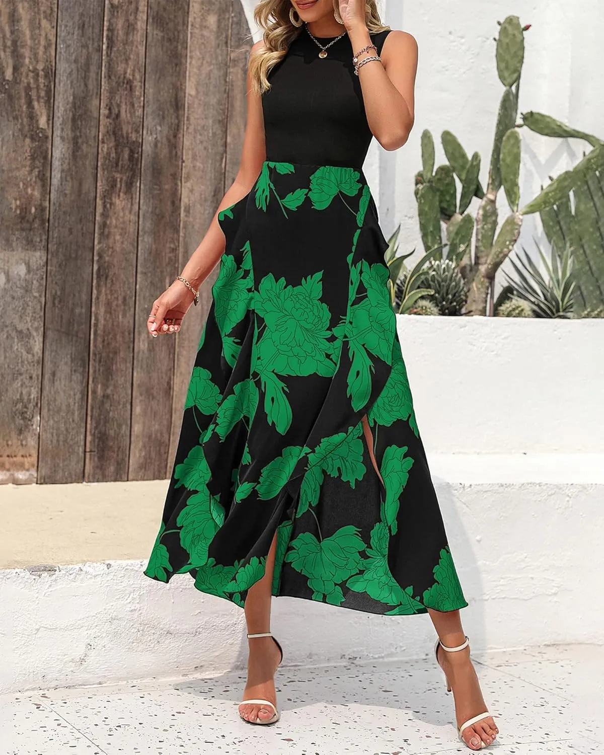 BTFBM Women Casual Sleeveless Summer Dresses 2025 Spring Crewneck Patchwork Boho Floral Ruffle Cocktail Party Midi Dress