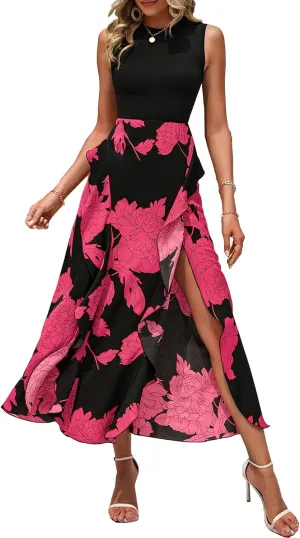 BTFBM Women Casual Sleeveless Summer Dresses 2025 Spring Crewneck Patchwork Boho Floral Ruffle Cocktail Party Midi Dress