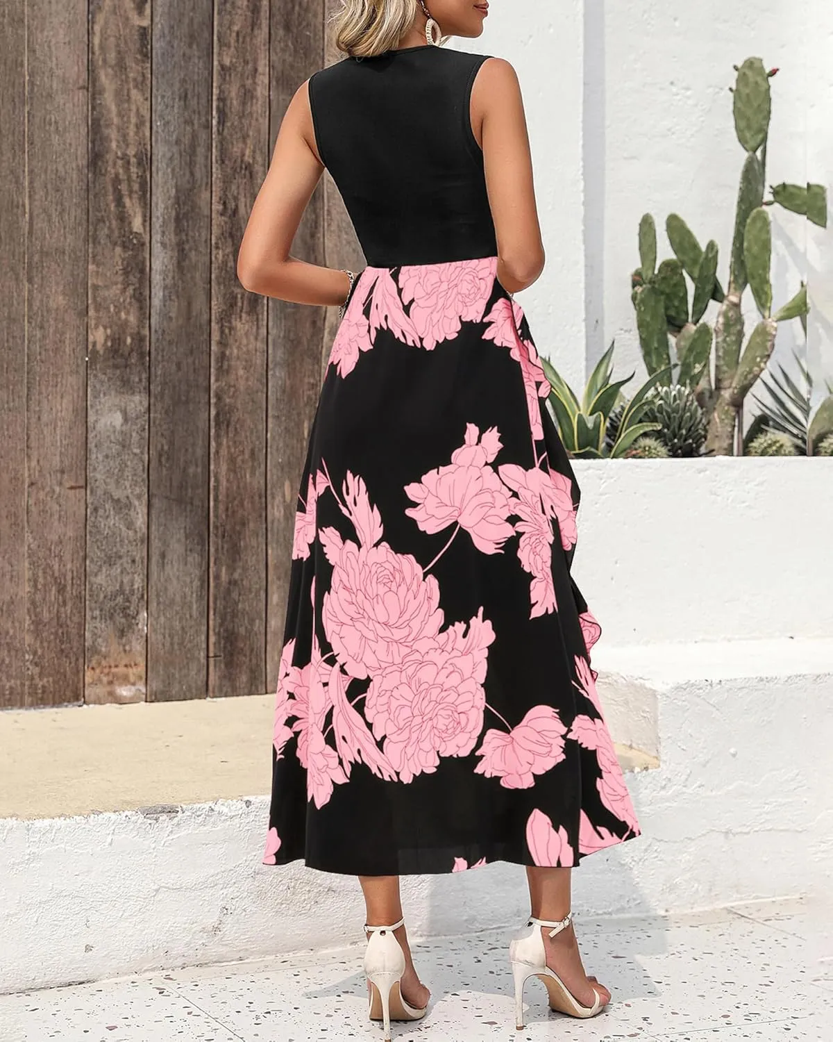 BTFBM Women Casual Sleeveless Summer Dresses 2025 Spring Crewneck Patchwork Boho Floral Ruffle Cocktail Party Midi Dress