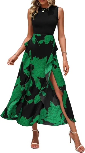 BTFBM Women Casual Sleeveless Summer Dresses 2025 Spring Crewneck Patchwork Boho Floral Ruffle Cocktail Party Midi Dress