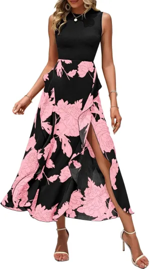 BTFBM Women Casual Sleeveless Summer Dresses 2025 Spring Crewneck Patchwork Boho Floral Ruffle Cocktail Party Midi Dress