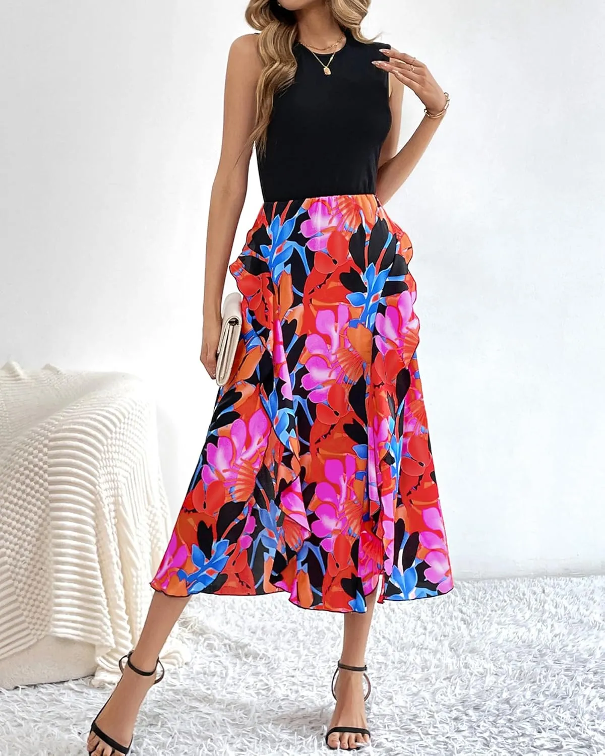 BTFBM Women Casual Sleeveless Summer Dresses 2025 Spring Crewneck Patchwork Boho Floral Ruffle Cocktail Party Midi Dress
