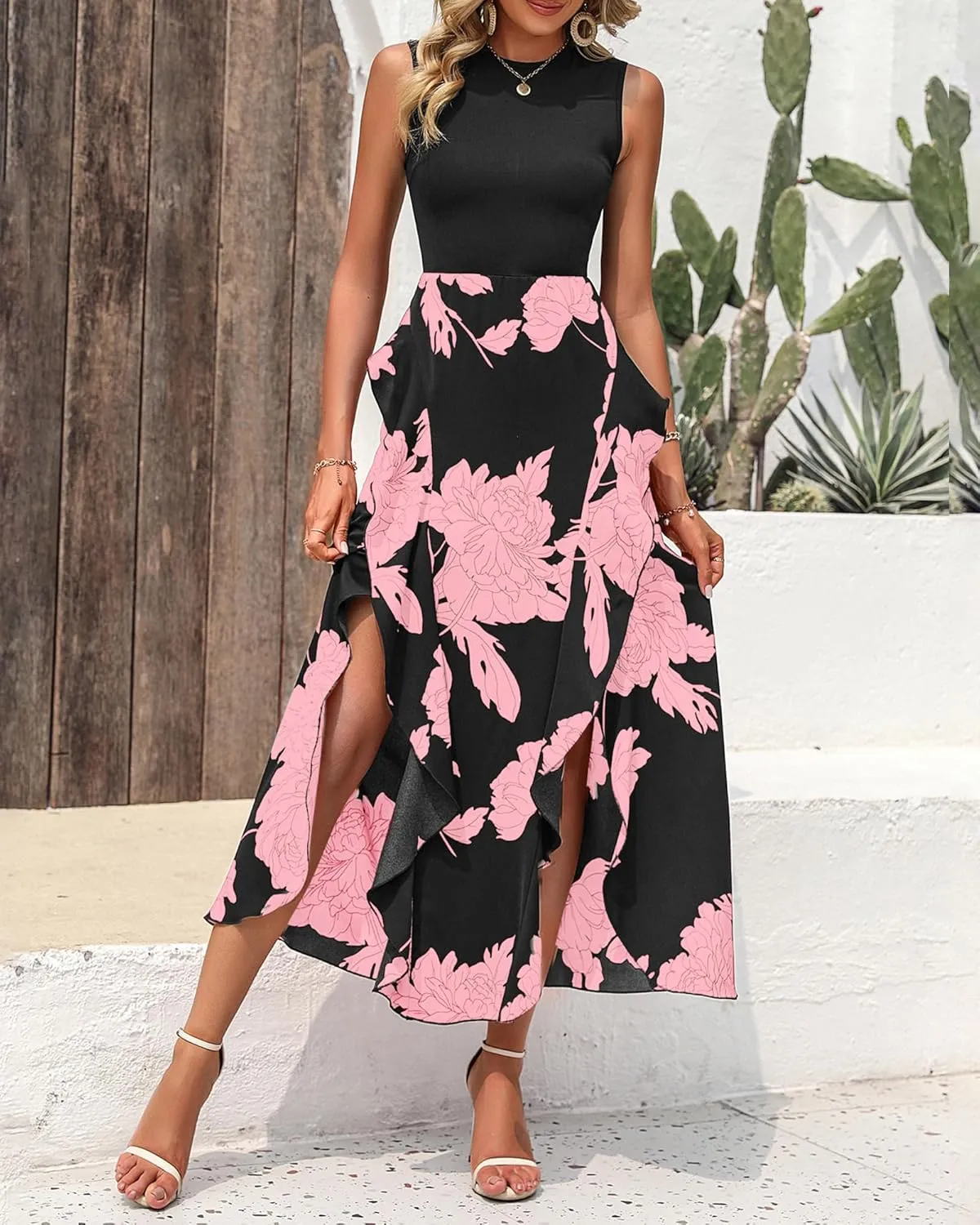 BTFBM Women Casual Sleeveless Summer Dresses 2025 Spring Crewneck Patchwork Boho Floral Ruffle Cocktail Party Midi Dress