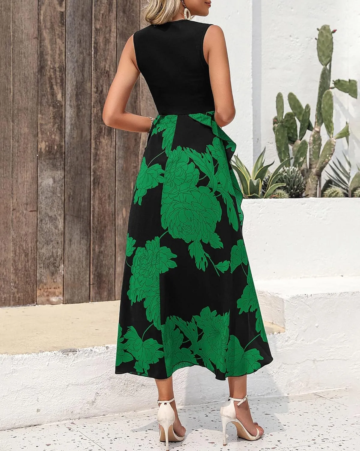 BTFBM Women Casual Sleeveless Summer Dresses 2025 Spring Crewneck Patchwork Boho Floral Ruffle Cocktail Party Midi Dress