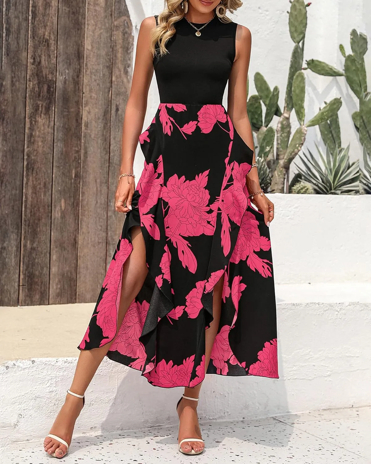 BTFBM Women Casual Sleeveless Summer Dresses 2025 Spring Crewneck Patchwork Boho Floral Ruffle Cocktail Party Midi Dress