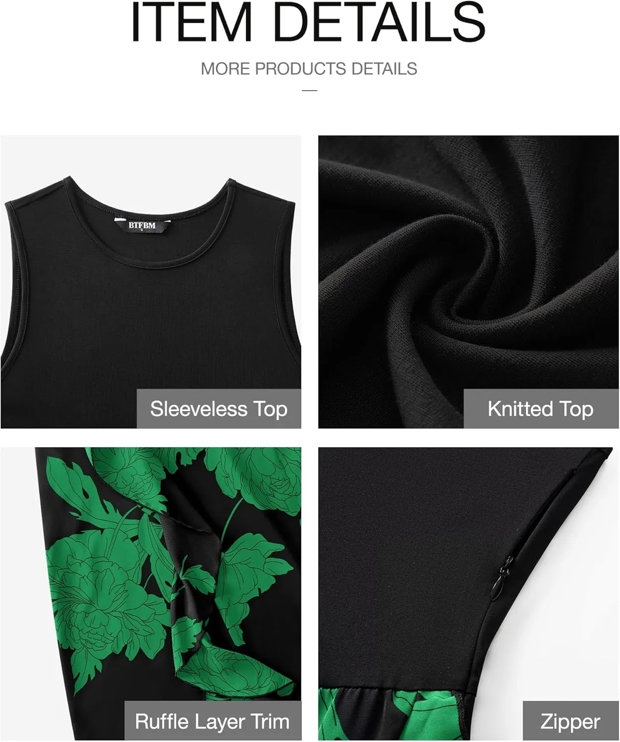 BTFBM Women Casual Sleeveless Summer Dresses 2025 Spring Crewneck Patchwork Boho Floral Ruffle Cocktail Party Midi Dress