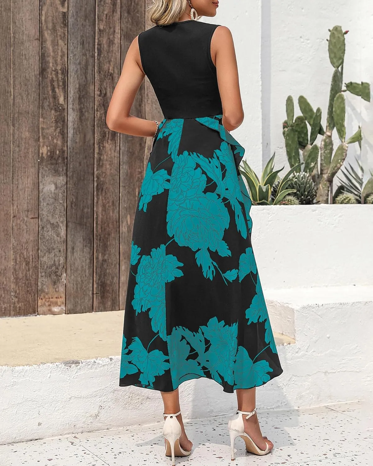 BTFBM Women Casual Sleeveless Summer Dresses 2025 Spring Crewneck Patchwork Boho Floral Ruffle Cocktail Party Midi Dress