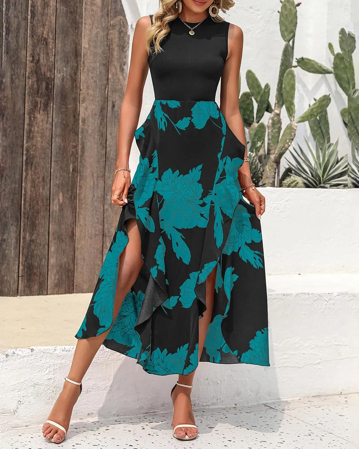 BTFBM Women Casual Sleeveless Summer Dresses 2025 Spring Crewneck Patchwork Boho Floral Ruffle Cocktail Party Midi Dress