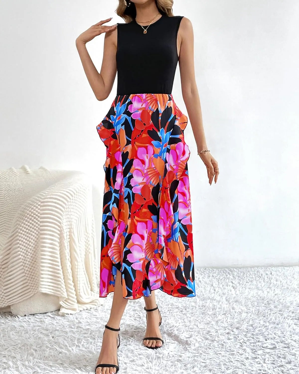 BTFBM Women Casual Sleeveless Summer Dresses 2025 Spring Crewneck Patchwork Boho Floral Ruffle Cocktail Party Midi Dress
