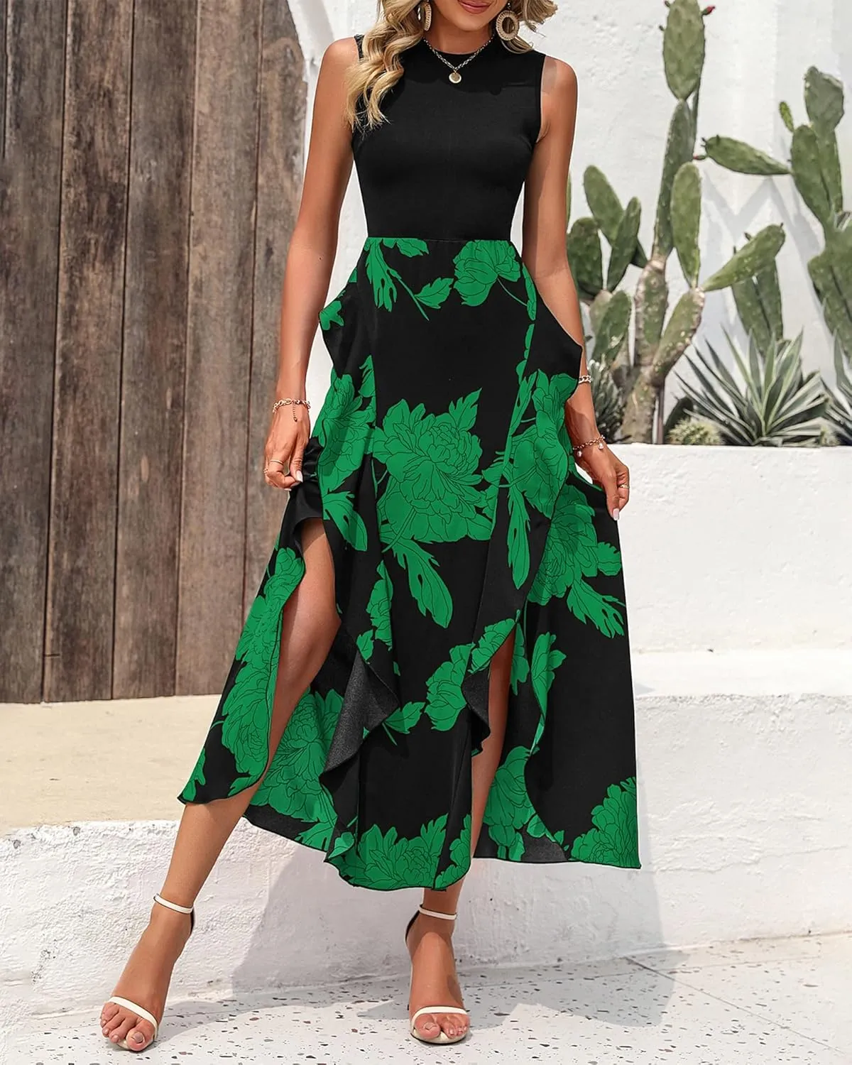BTFBM Women Casual Sleeveless Summer Dresses 2025 Spring Crewneck Patchwork Boho Floral Ruffle Cocktail Party Midi Dress