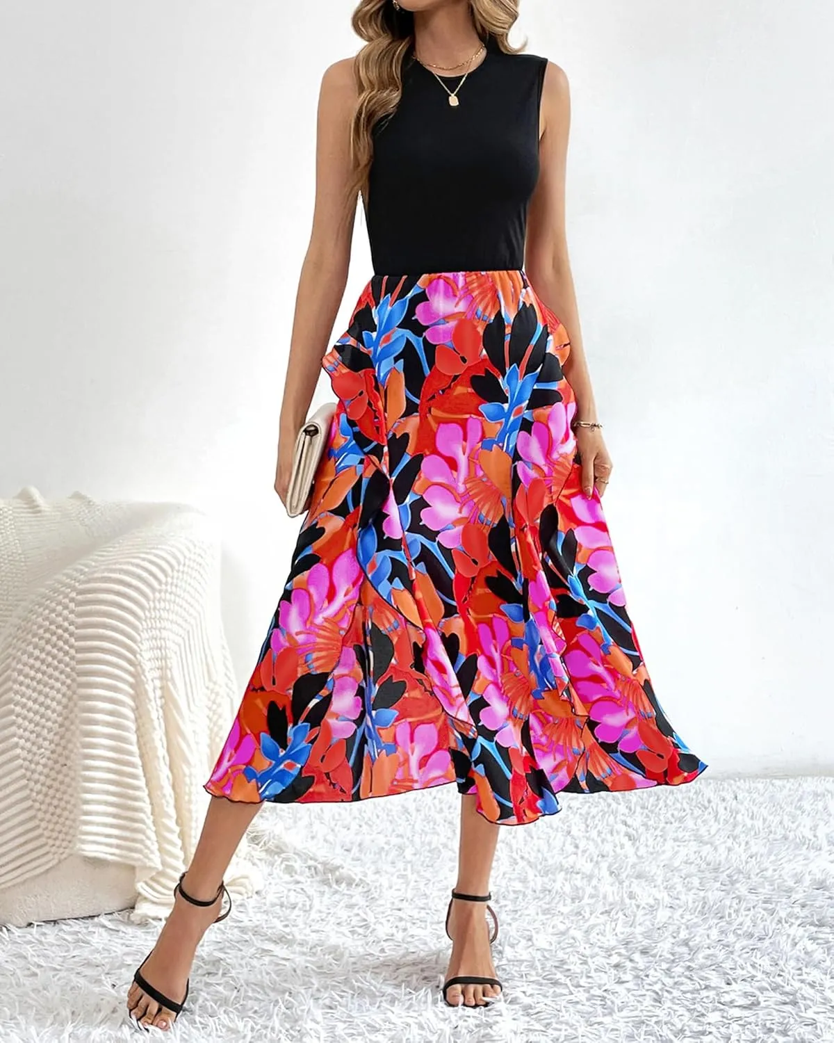 BTFBM Women Casual Sleeveless Summer Dresses 2025 Spring Crewneck Patchwork Boho Floral Ruffle Cocktail Party Midi Dress