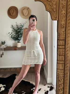 Cable Knit Crochet Halter Mini Dress