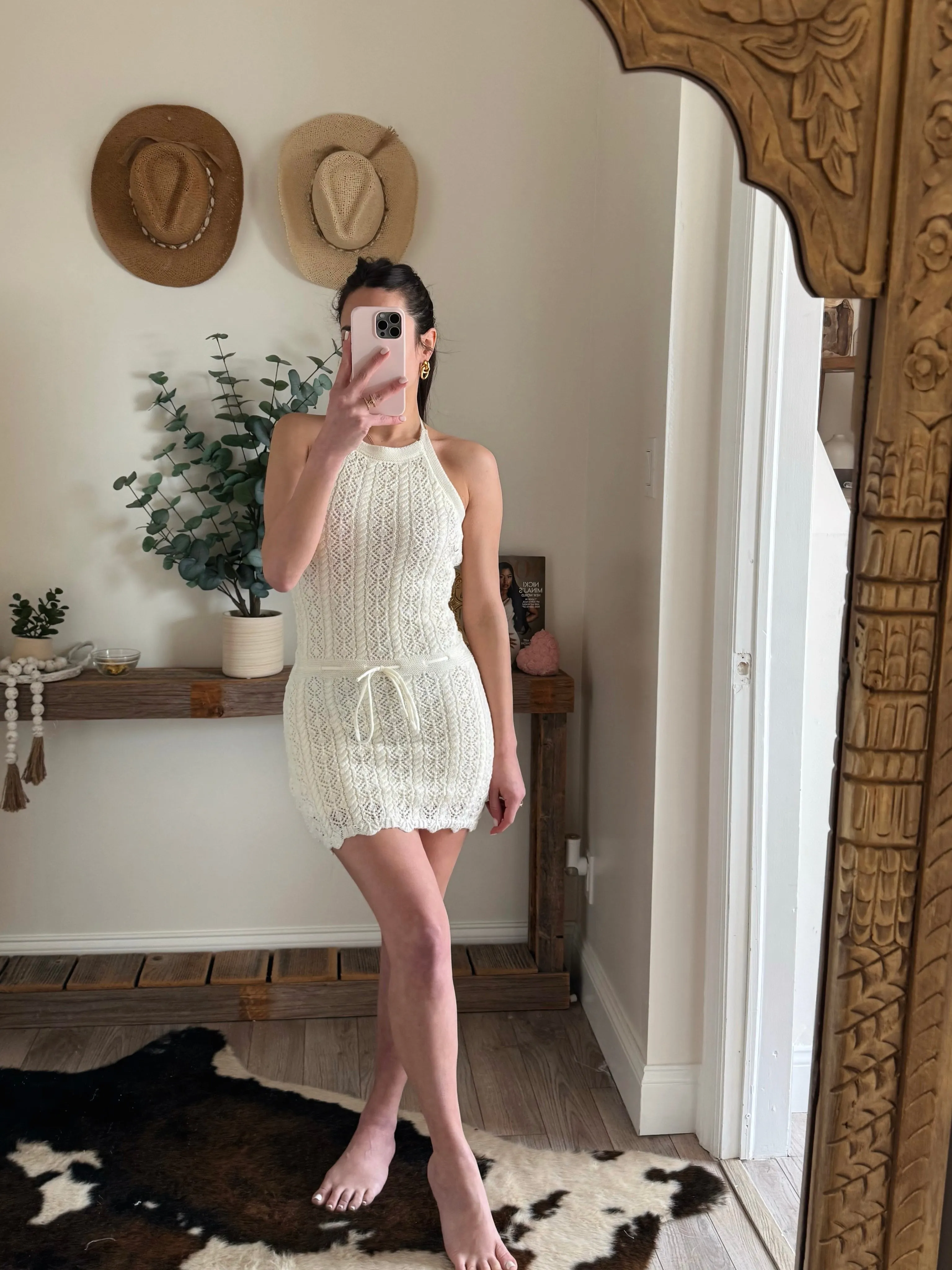 Cable Knit Crochet Halter Mini Dress