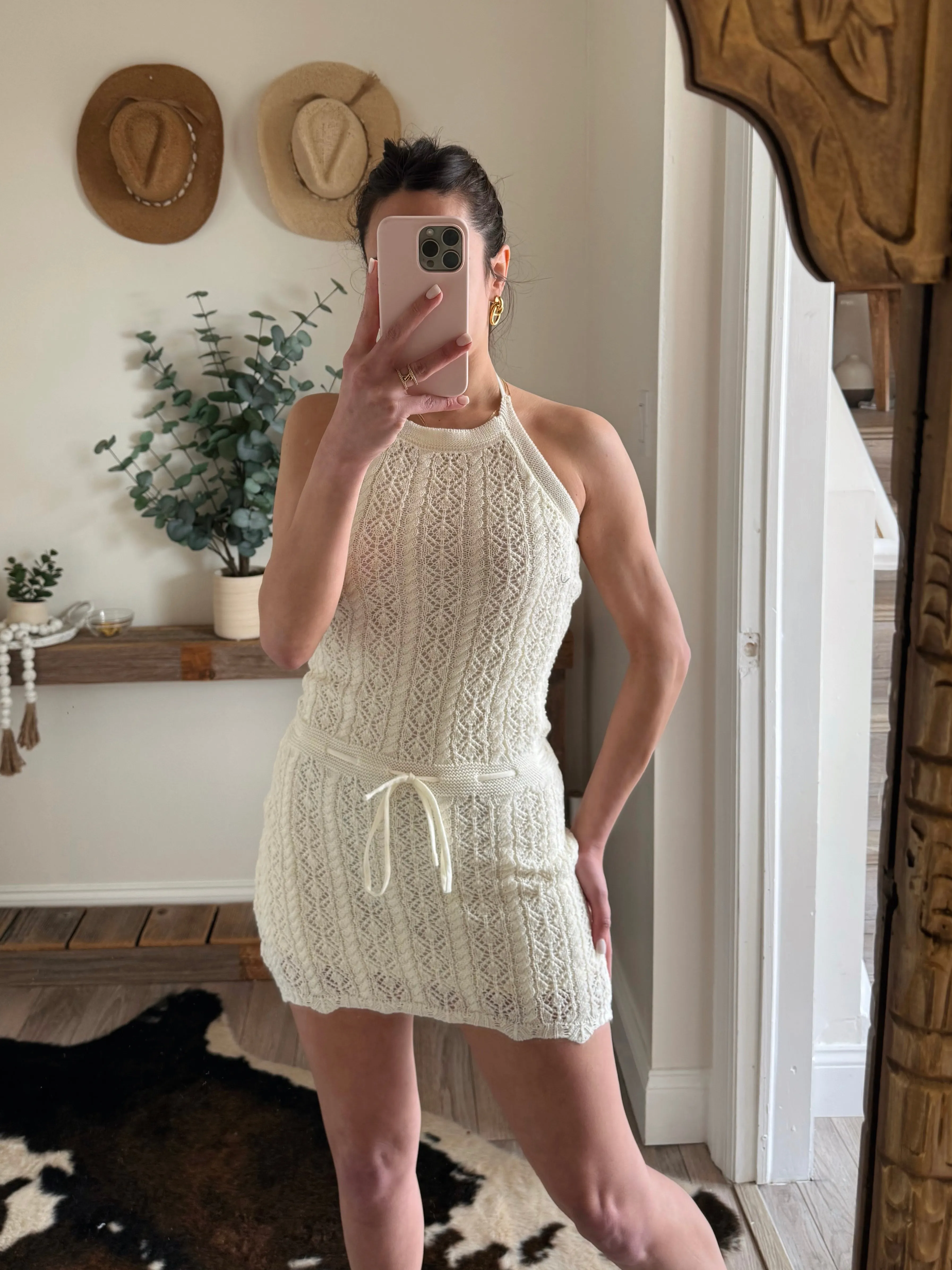 Cable Knit Crochet Halter Mini Dress