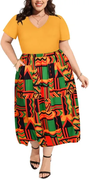 CARCOS Plus Size Dresses for Women Summer Short Sleeve V Neck Patchwork Dresseses XL-5XL
