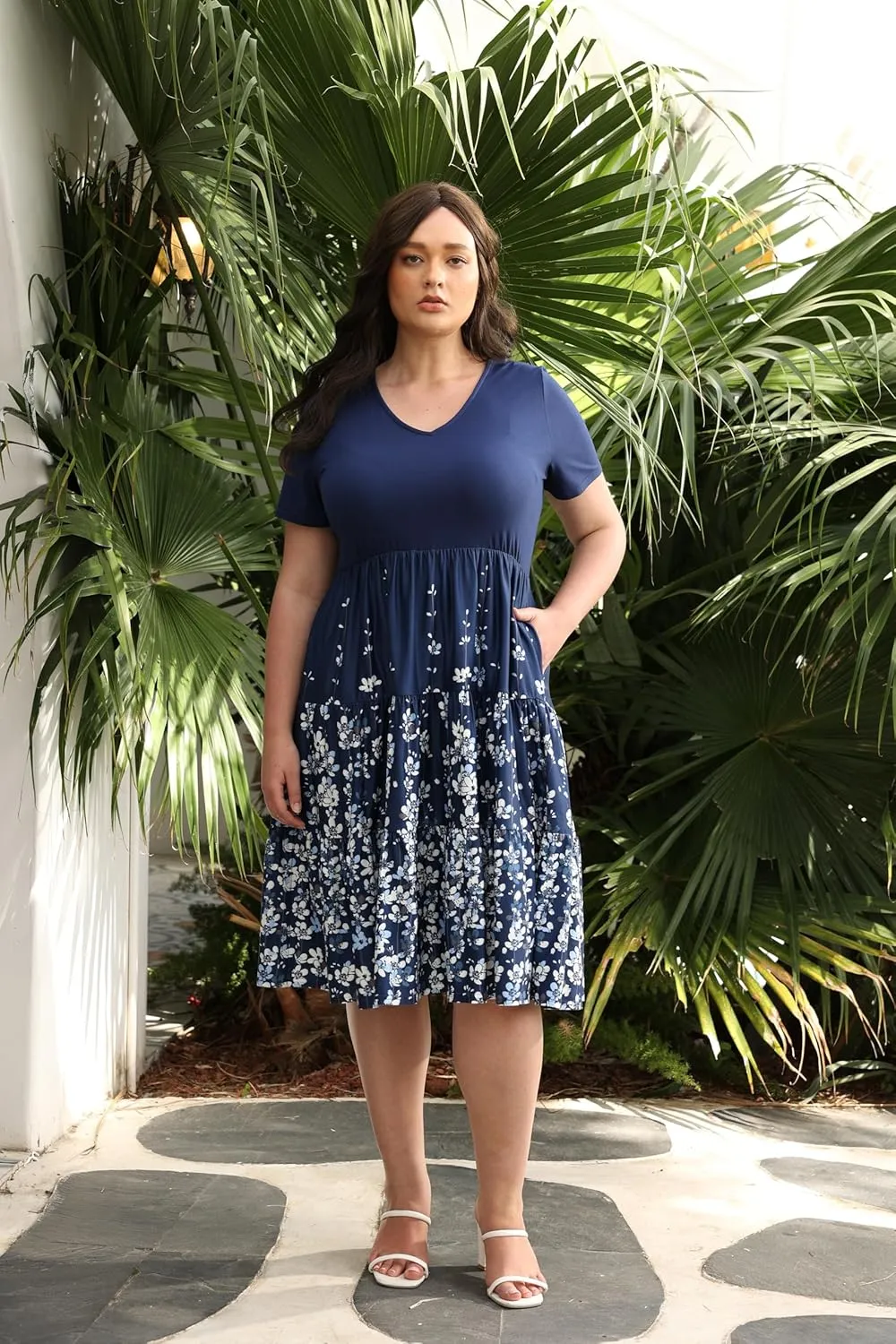 CARCOS Plus Size Dresses for Women Summer Short Sleeve V Neck Patchwork Dresseses XL-5XL