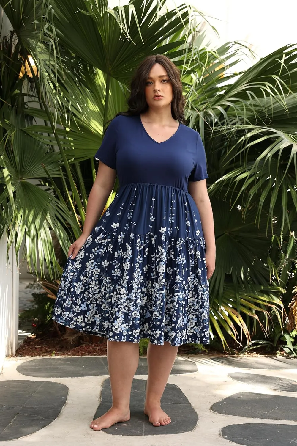 CARCOS Plus Size Dresses for Women Summer Short Sleeve V Neck Patchwork Dresseses XL-5XL