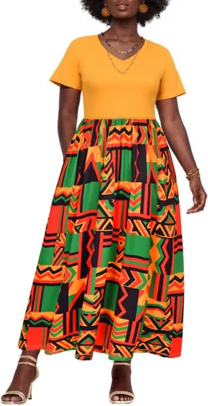 CARCOS Plus Size Dresses for Women Summer Short Sleeve V Neck Patchwork Dresseses XL-5XL