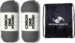 Caron One Pound Medium Grey Mix 294010-10617 (2-Skeins - Same Dye Lot) Worsted Medium #4 Acrylic Yarn for Crocheting and Knitting with Project Bag