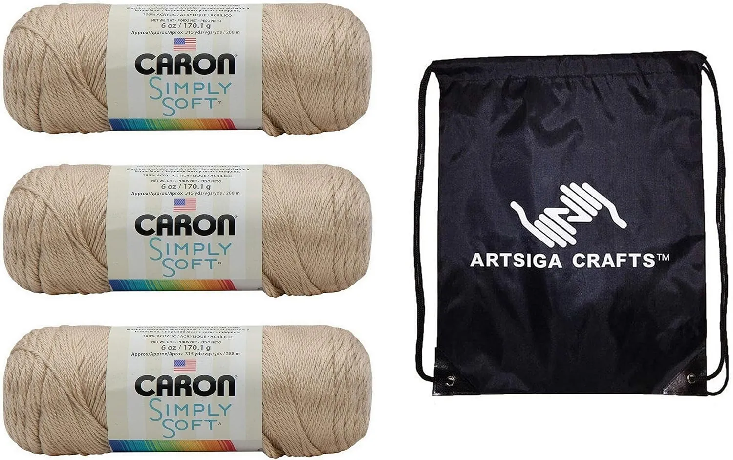 Caron Simply Soft Solids Bone H97003-9703 (3-Skeins - Same Dye Lot) Worsted Medium #4 Acrylic Yarn for Crocheting and Knitting with Project Bag