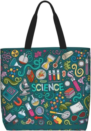 Cartoon Science Theme Print Tote Bag For Women Shoulde Bag Handbag Reusable Grocery Bags For Office,Shopping,Travel
