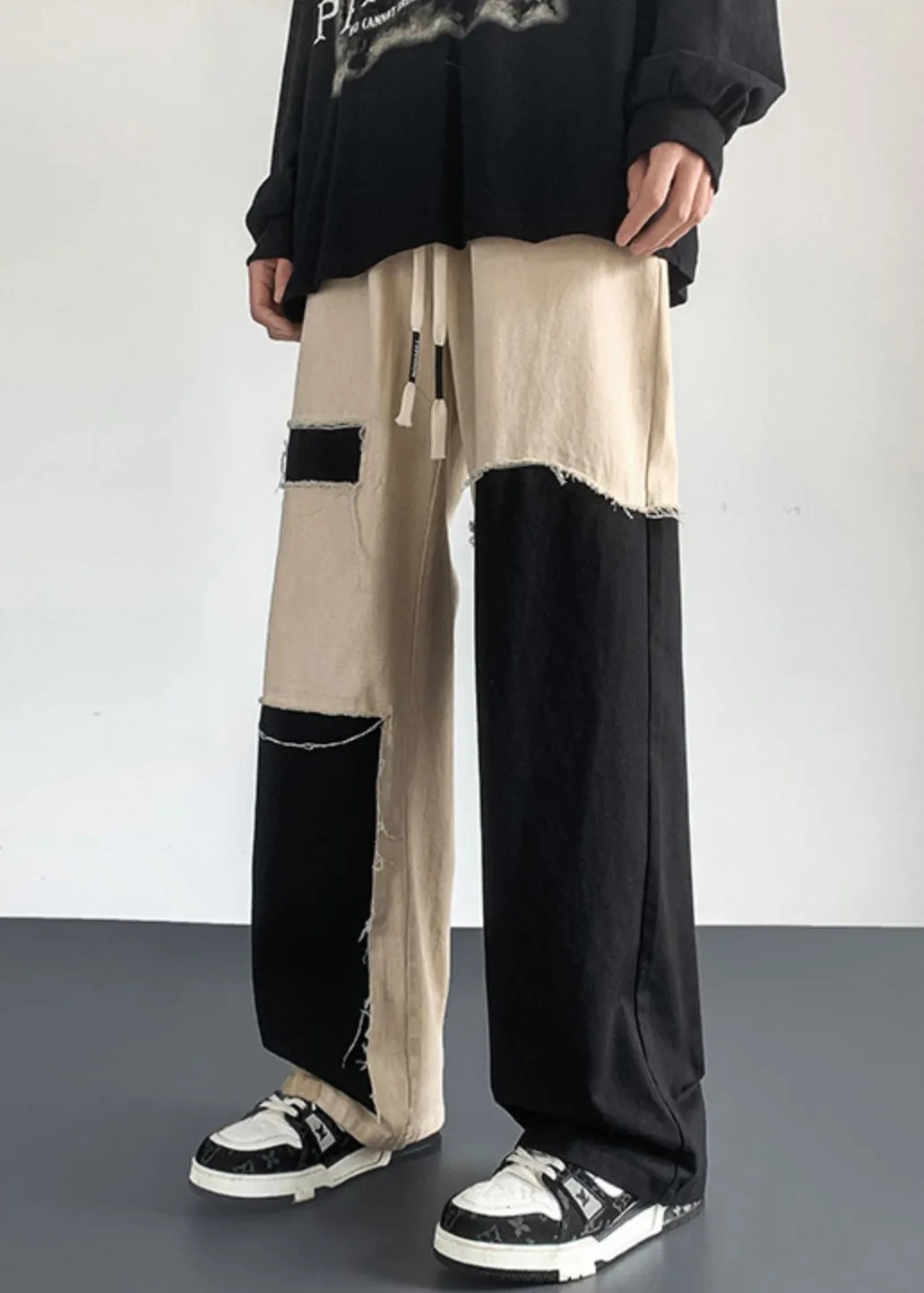 Casual Cotton Patchwork Mens Clothing DIY Pants Asymmetrical