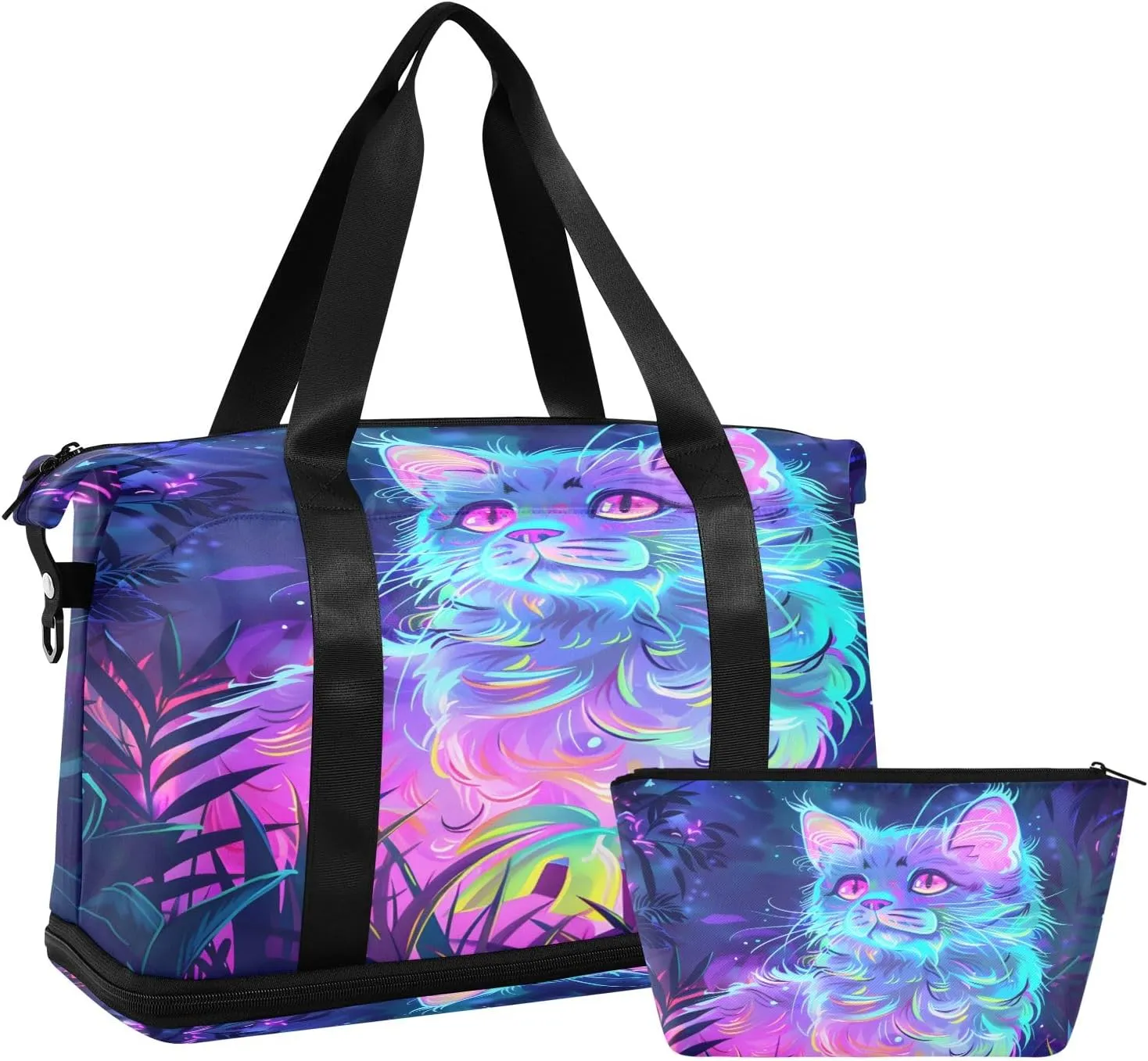 Cat Neon Travel Duffel Bag Waterproof Gym Sport Tote Bag Carry On Weekender Bag with Compartment
