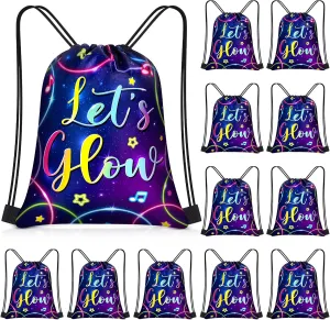 Censen 24 Pcs Let's Glow Drawstring Bags Set Bulk 12 x 10 Inch low Party Favor Bags Neon Birthday Party Supplies for Kids Gift Party Supplies